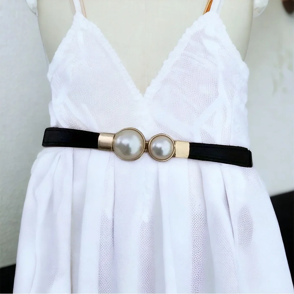 Thin Double Faux Pearl Buckle Solid Color‎ PU Leather Waist Thin Belt One Size
